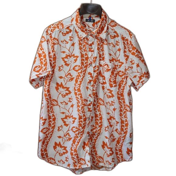 Kenneth Cole Reaction Orange and White Casual Shirt Tropical Pearl Snap LG - Picture 1 of 15